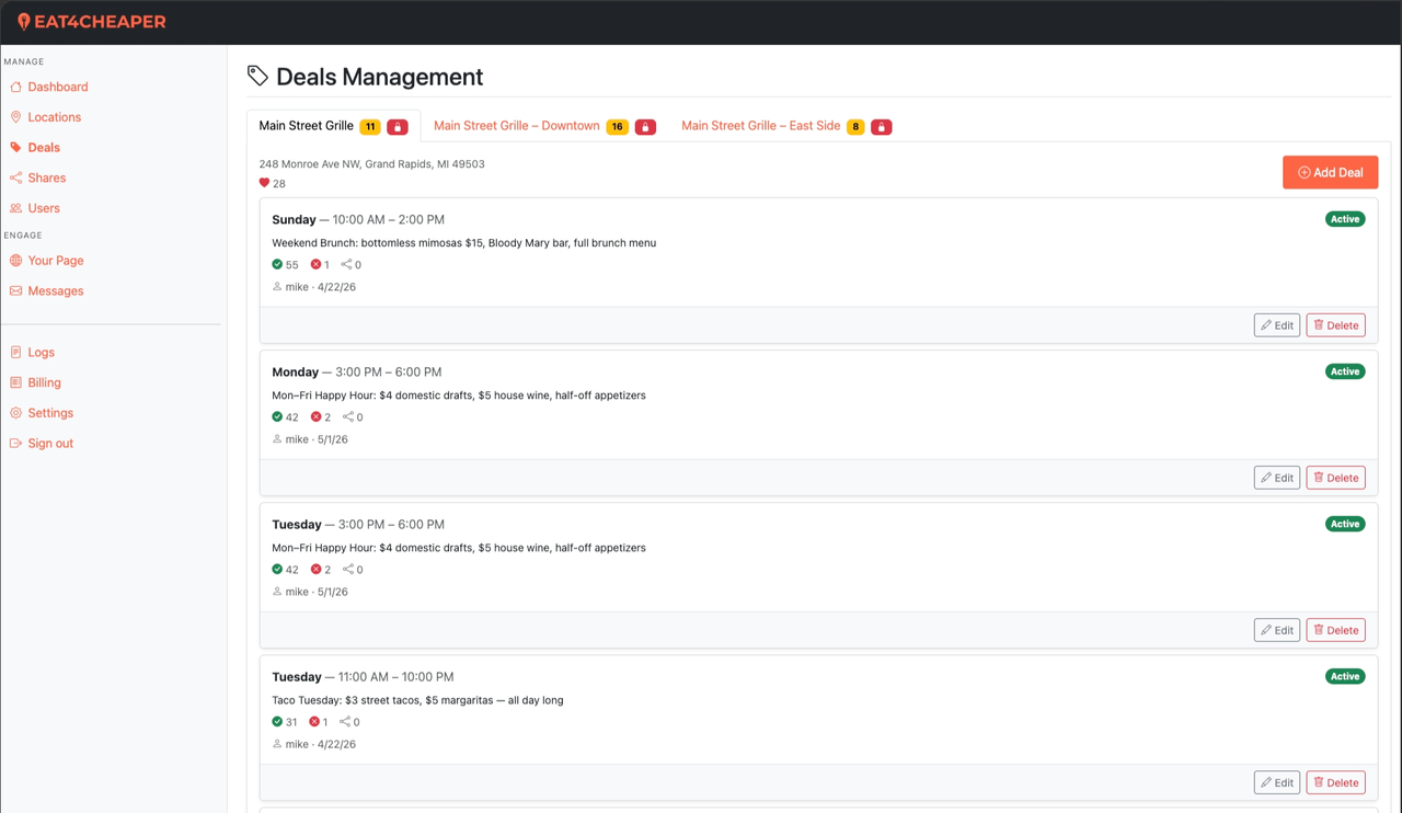 Merchant portal deals management page showing active deal cards