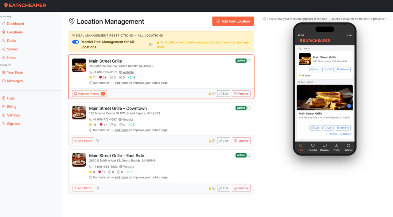 Merchant portal locations page showing multi-location management